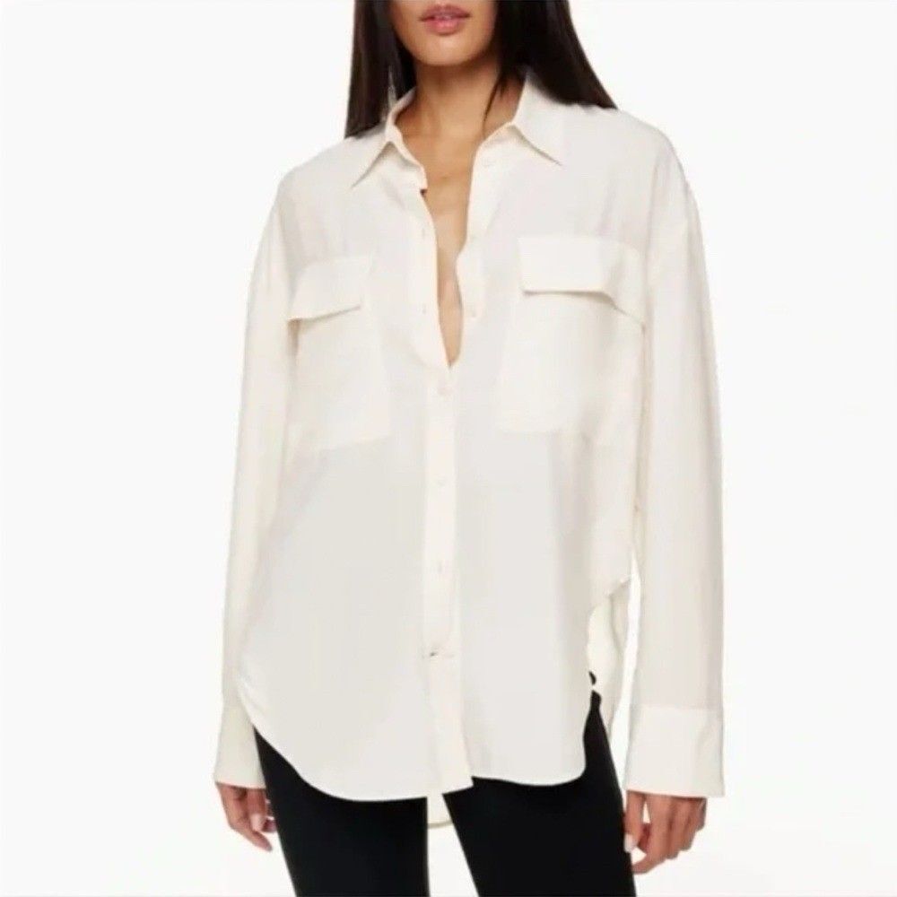 Aritzia Babaton Women's Silk Blend Button Down Shirt Size XS Long Sleeve Ivory - Picture 3 of 7